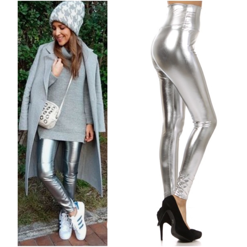Silver Tummy Control High Waisted Vegan Leather Leggings